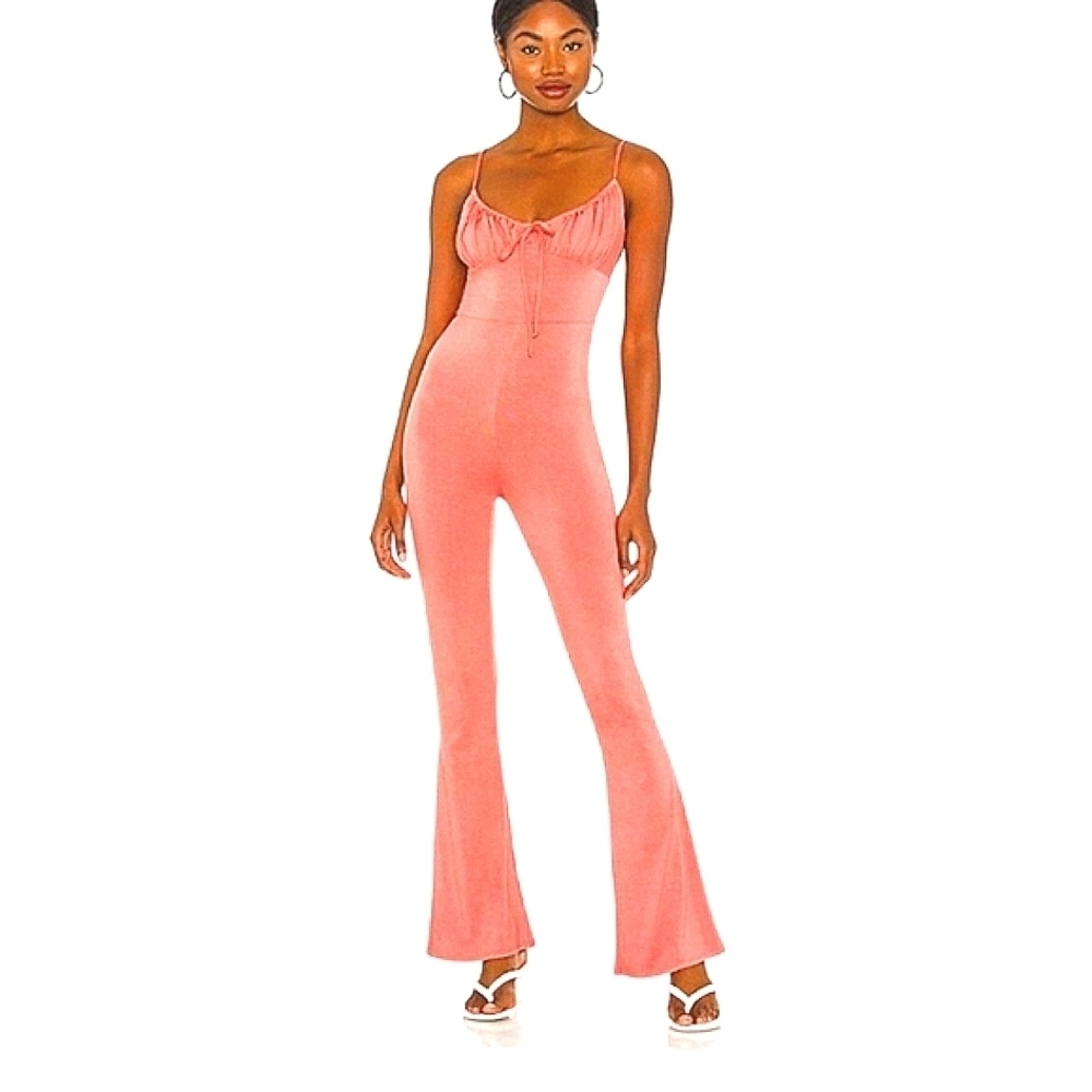Lovers+Friends Archie Jumpsuit Women Jersey Knit Rose Pink Flare Leg SM&MED NWT